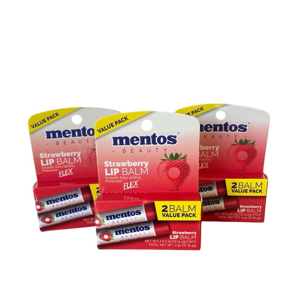 Mentos Beauty Strawberry Flavored Lip Balm Set of 3 2-Packs (6 sticks) NEW